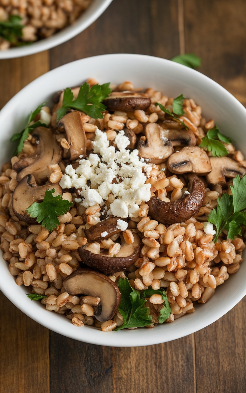 Warm farro and mushroom salad with sautéed mushrooms, parsley, and feta cheese on a rustic table.